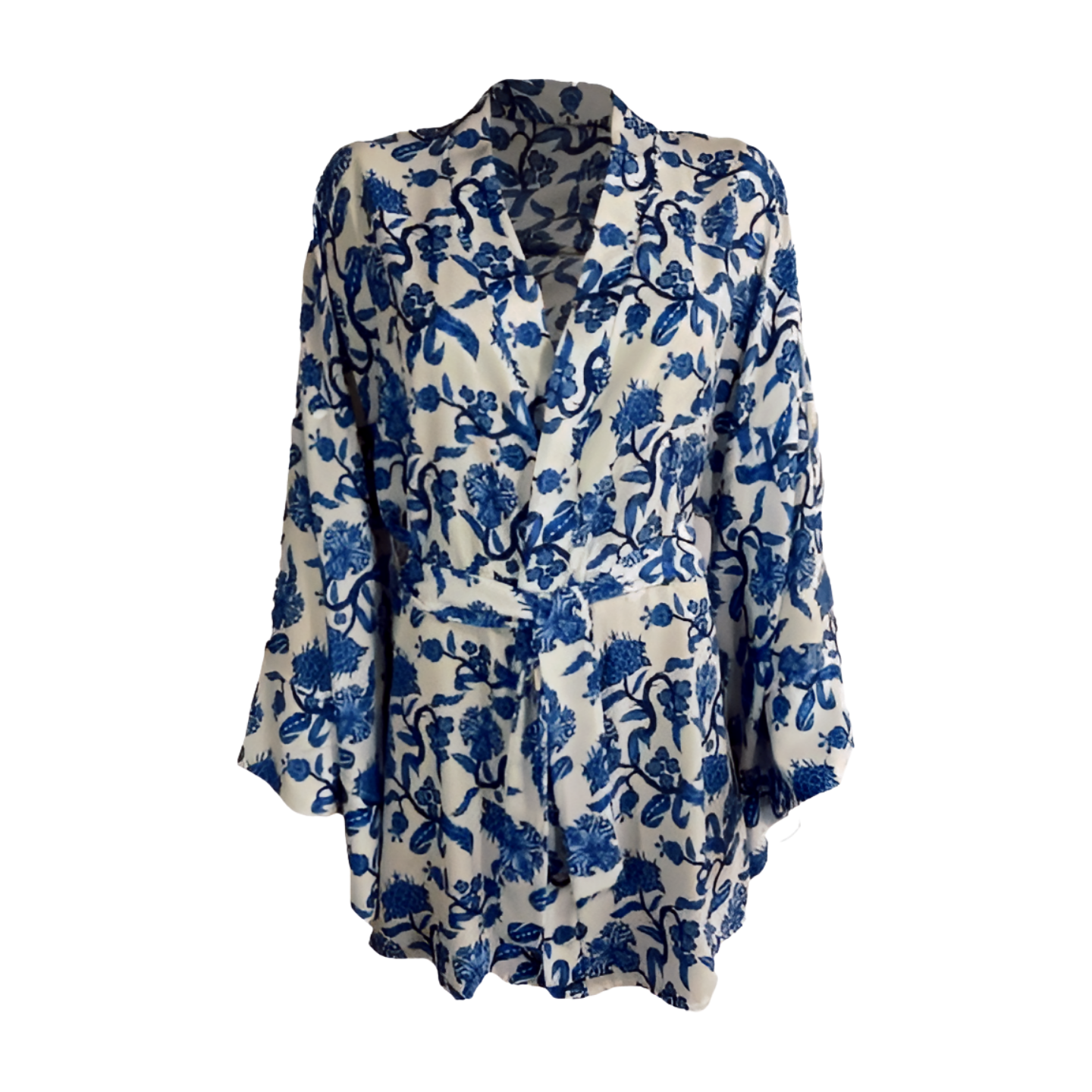 Blue Flower Pattern Kimono - Elegant Floral Beach Cover-Up