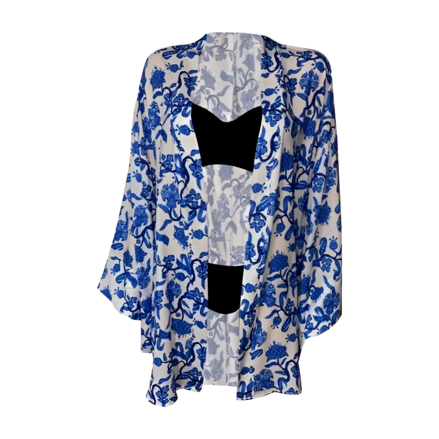 Blue Flower Pattern Kimono - Elegant Floral Beach Cover-Up