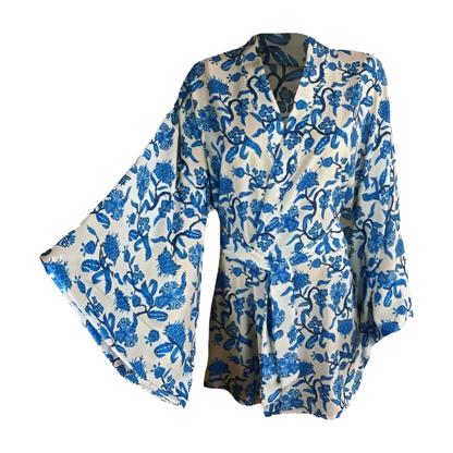 Blue Flower Pattern Kimono - Elegant Floral Beach Cover-Up