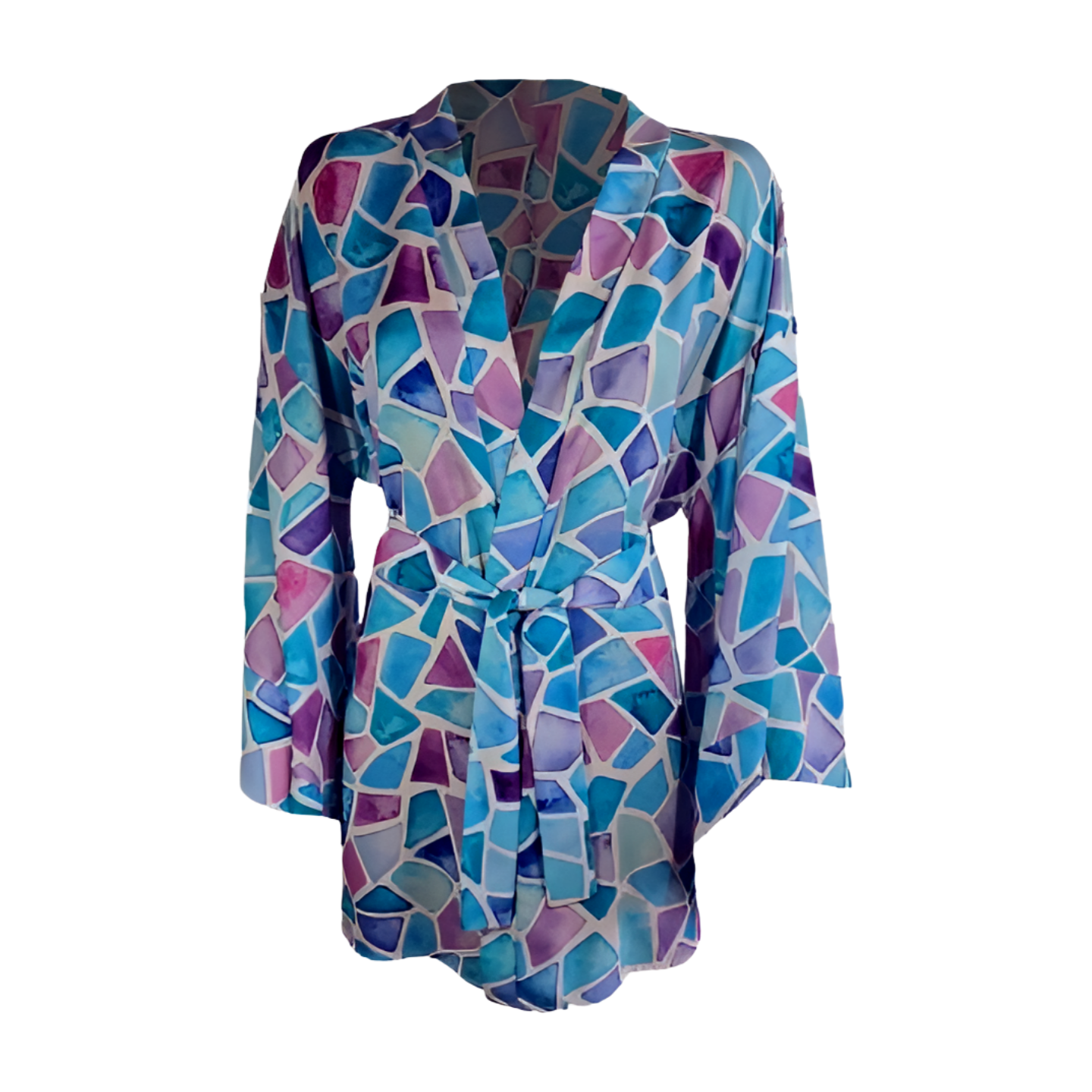 Blue Geometric Pattern Kimono - Stylish Beach Cover-Up