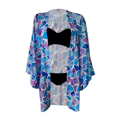 Blue Geometric Pattern Kimono - Stylish Beach Cover-Up