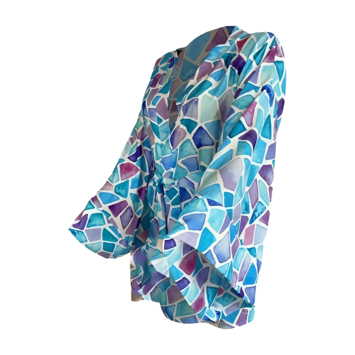 Blue Geometric Pattern Kimono - Stylish Beach Cover-Up