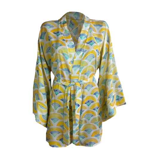 Yellow Geometric Pattern Kimono - Vibrant Beach Cover-Up