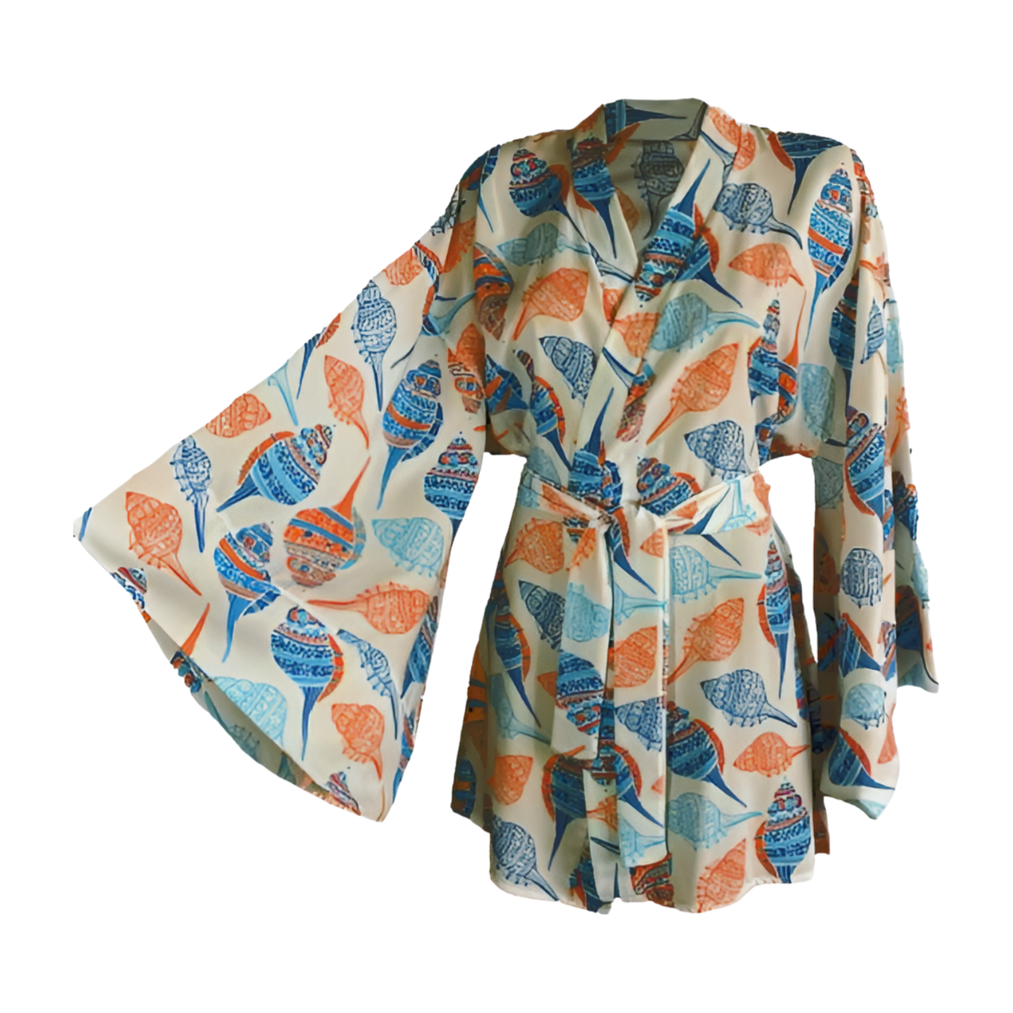 Ecru Fish Geometric Pattern Kimono - Elegant Beach Cover-Up