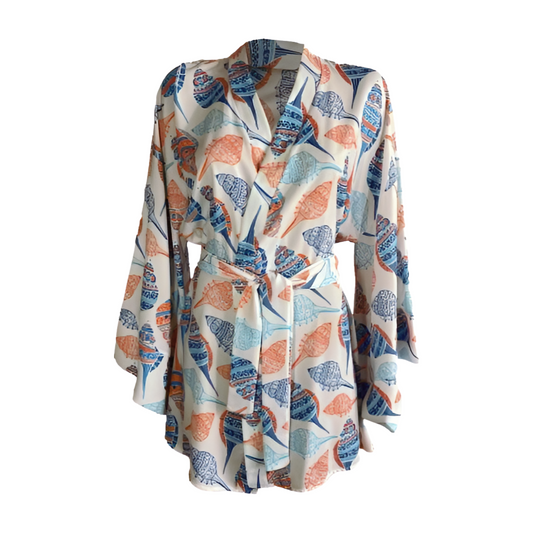 Ecru Fish Geometric Pattern Kimono - Elegant Beach Cover-Up