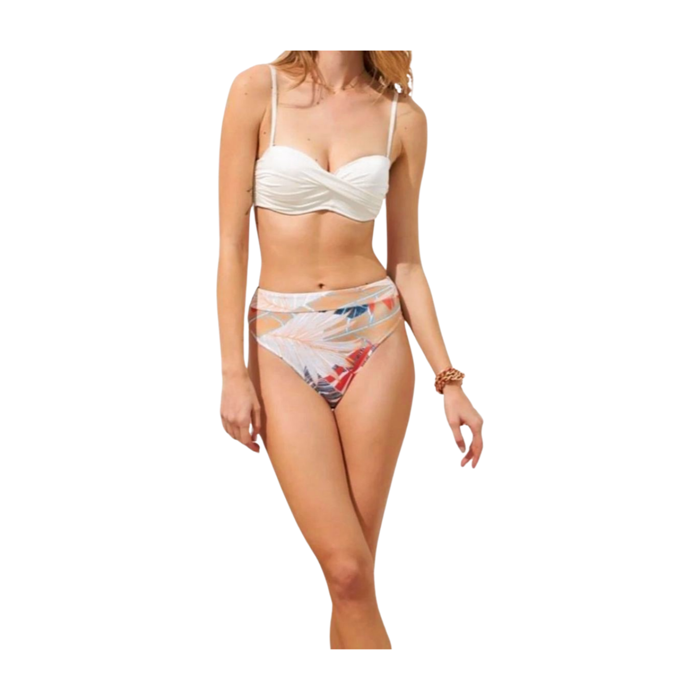 Leaf Pattern High Waist Bikini with Removable Padded Cups