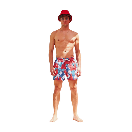 Men's Colorful Swim Shorts with Red Cactus Pattern