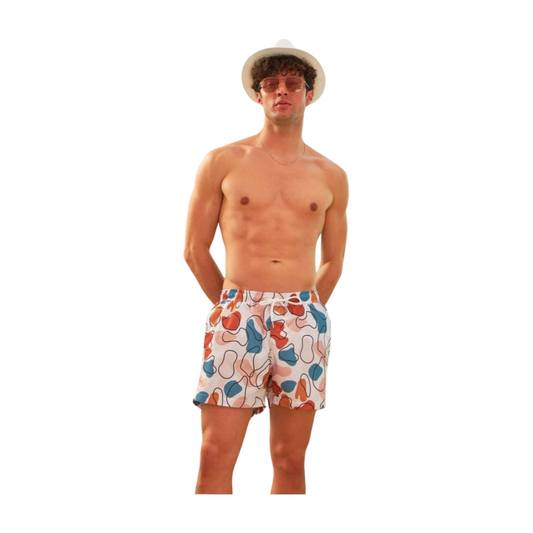 Men's White Swim Trunks with Multicolor Spots - Stylish Splash of Vibrancy